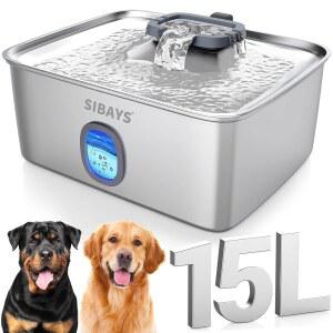 SIBAYS 4Gal / 15L 대형 반려견 물분수, 물창과 LED 조명이 있는 스테인리스강 반려동물 분수, 대형견 및 멀티펫을 위한 초조용 자동 물그릇 디스펜서, 청소하기 쉬운