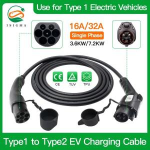 ISIGMA EV 충전 케이블, 전기 자동차 충전용, 타입 1-타입 2 J1172-IEC62196-2 16A, 3.6kw, 32A, 7.kw, 240