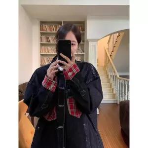 엘럽 청 캐주얼 여성 코트 포켓 체크 루즈핏 패치 봄가을 카고 자켓 원템3