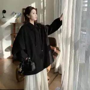 엘럽 트렌치 스윗 코트 소프트 망토 여성 하프 블랙 캐주얼 봄 원템1