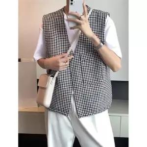엘럽남성 여름 캐주얼 위에 조끼 나시 민소매 체크 브이넥 헤어스타일 원템2