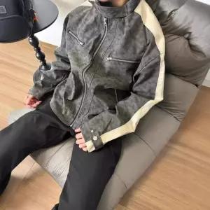남성 잠바 블루종 항공 점퍼 빈티지 배색 PU가죽 재킷 봄가을 루즈핏 가죽 칼라 코트 MF3
