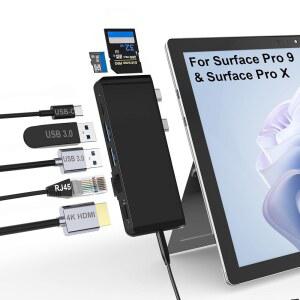 SURFACE PRO 9 도킹 스테이션 10 11 허브 어댑터(100MBPS LAN 4K HDMI 100W USB-C(디스플레이+데이터+PD 충전) USB 3.0 3.5MM 오디오 MICROSOFT / 9용 SD /TF 카드 리더