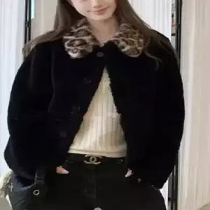 여성용 빈티지 호피 캣츠 램스울 모피 칼라 코트 점퍼 ST1