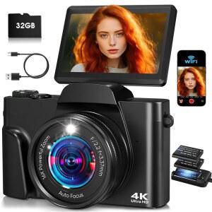사진 촬영용 4K 디지털 카메라 16배 줌 오토포커스 64MP WIFI 컴팩트 여행용 유튜브용 브이로그 초보자를 위한 3인치 180 플립 스크린 배터리 2개 32GB 카드 블랙