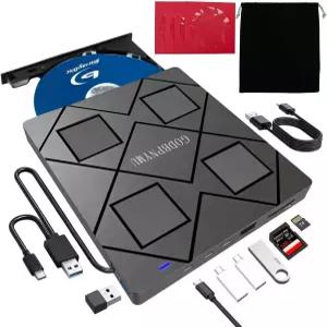 고드비피뮤 8-in-1 외장 블루레이 드라이브 USB A 및 C 포트 2개 TF/SD 카드 리더 노트북용 BD/CD/DVD 3D