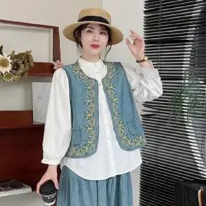 여자 데님 가을 캐주얼 빈티지 자수 라운드 카디건을 카디건 위에 조끼 톱 멋내기 걸쳐 SPO마켓3