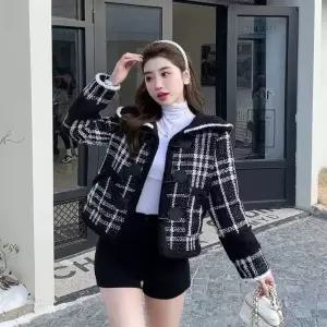 세군다 여성 하프 검정 빈티지 추동 탑 숏 프렌치 체크 코트 칼라 DOS3
