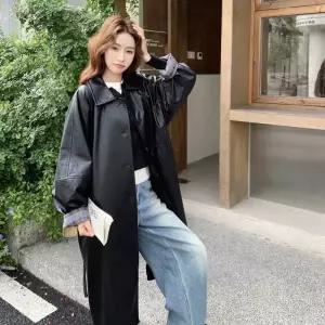 여자코트 하프 봄 체크 롱 가죽 트렌치코트 원템1