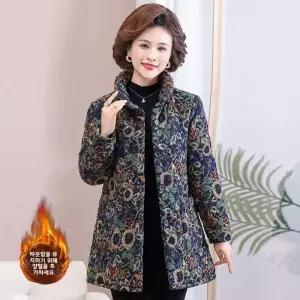 두꺼운 양털 여성용 코튼 재킷 겨울 패션 스탠드 칼라 싱글 버튼 루즈핏 긴팔 플로럴 프린트 따뜻한 코트