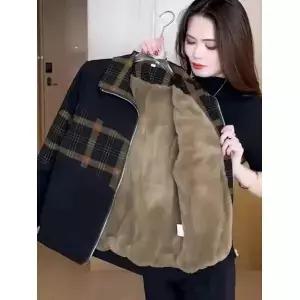 세련된 짧은 양털 안감 여성용 재킷 루즈핏 두꺼운 가을 겨울 체크무늬 슬리밍 아우터 캐주얼 통근 스타일
