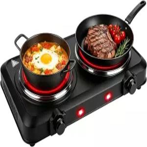 800W 듀얼 전기 스토브 적외선 버너 휴대용 핫 플레이트 유리 더블 쿡탑 조리대 조리대(블랙)용 스텝리스