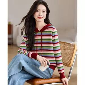 여성 니트 캐주얼 맨투맨 레인보우 스트라이프 후드 봄가을 아웃도어 루즈핏 슬립 상의 원픽3