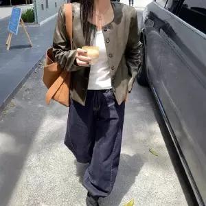 여자 봄가을 PU 빈티지한 숏 솔리드 코트 라운드 가죽 진한 재킷 원픽3