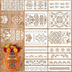 15Pc 시엘리토 린도 멕시코 스텐실 회화용 재사용 가능한 탈라베라 DIY 꽃병 공예용 꽃 레이스 가구 우드