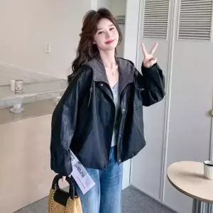 블랙팬서 여사친 검정 페이크 투피스 가죽 후드 코트 OPH1