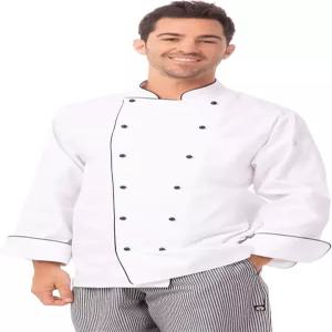 남성용 셰프 코트 폴리에스터 면 혼방 블랙 파이핑 장식 스터드 버튼 가슴포켓 포함 주방 조 유니폼 상의