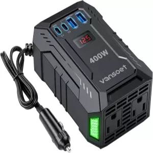 400W 자동차 파워 인버터 DC 12V 110V AC PD 30W/15W USB C+2XUSB A 포트 및 콘센트 2개 노트북/폰/도로