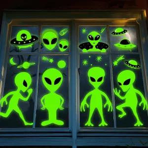 Whaline 6매 대형 외계인 창문 클링 할로윈 그린 플라잉 접시 UFO 재사용 가능한 데칼 파티 용품 홈 교실