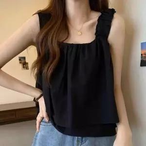 러블리 스퀘어넥 숄더 프릴 블라우스 민소매 탑나시 어깨 루즈핏 데일리룩 여름코디 바캉스 휴가 리조트 청