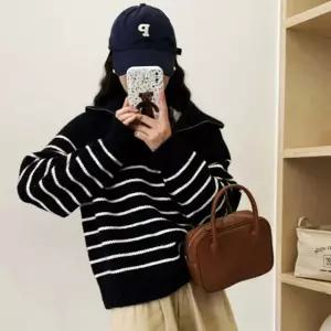 카라넥 단가라 니트 여성 크롭 스웨터세일러 집업 반업 봄니트 가을 캐주얼 배색 긴팔 오버핏 루즈 니트티