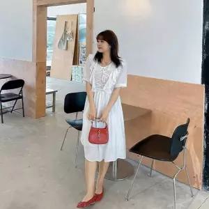 러블리 셔링 무지 면 반팔 롱 원피스 빅사이즈 심플 (WDC4561)