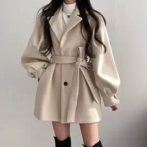 벨트셋 퍼프소매 울코트 하객룩 페미닌 오버핏 자켓여성아우터 데일리 페미 베이지 오버 고급아 울자켓 패
