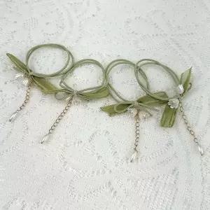 [룽스_66]꽃 포인트 리본 그린머리끈 베이직 팔찌