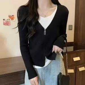 가디건 티셔츠 세트 슬림핏 집업 긴팔 니트라운드 골지 카라 여자크롭 후드 배색 단가라 보트넥 여성 스웨