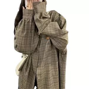 여성 체크 루즈핏 남방 브라운 긴팔 셔츠 데일리룩