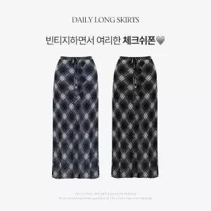 핫핑 [여리핏/데이트룩] 오레아 H라인 스트랩 체크쉬폰 밴딩 롱스커트