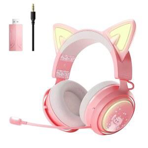 SOMIC 고양이 이어 헤드폰 PS5 PS4 RGB 조명과 접이식 마이크가 장착된 PC용 2.4G/블루투스 무선 게이밍 헤드셋 10시간 재생 시간 노트북용 7.1 서라운드 사운드 스마트폰-GS510 프로 - 핑크 vMA