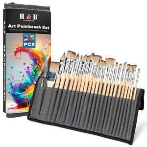 25PCS H&B 페인트 브러시 세트, 캔버스 롤 & 팔레트 나이프가 있는 여행용 수채화 아크릴 페인팅 브러시, 오일용 아티스트 키트, 페인팅(네이처 우드)
