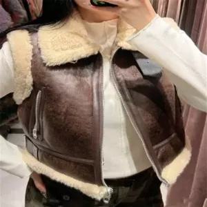 무스탕 조끼 자라 더블 페이스드 하이넥 크롭 양털조끼 크롭 무스탕베스트 갈색 XS 브라운Highquality XS