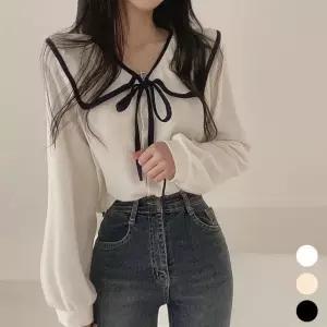 리본 매듭 리본블라우스 여성긴팔 넓은 예쁜 블라우스 (WD8EF3B)