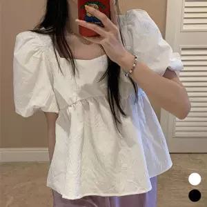 여성 러블리 스퀘어넥 화이트 반팔 블라우스셔링블라 퍼프 스퀘어 소매