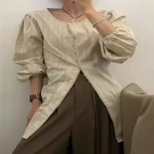 블라우스 노카라 하프 봄신상 레이스 리본 셔링 라이트카키 프리사이즈 화이트 프리사이즈