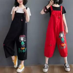 여성 빅사이즈 캐릭터 멜빵바지 똥싼바지 점프수트 오버핏 와이드 6519 레드 M