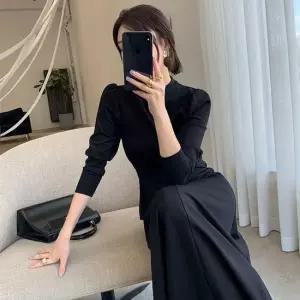 셀럽하우스 하이넥 하객룩 여성 셔링소매 롱원피스