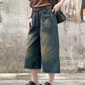 셀럽하우스 빈티지 데님 7부 팬츠 트렌디한 와이드핏 청바지