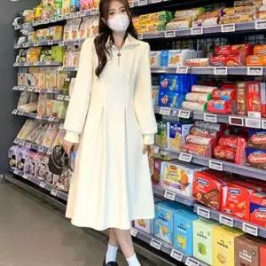 셀럽하우스 플레어 롱원피스 긴팔 하객룩 니트 카라 원피스