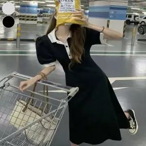 셀럽하우스 반팔 여자 배색 원피스 퍼프소매 롱 러블리 카라