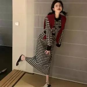 스퀘어넥원피스 허리밴딩 체크 롱 니트 원피스
