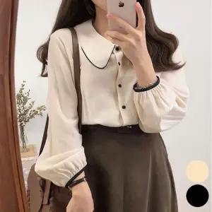 셀럽하우스 단정한 빅카라 소매 셔츠 블라우스 여자 배색 퍼프
