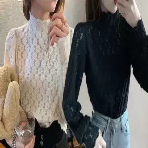 셀럽하우스 프릴넥 시스루 셔츠 레이스 퍼프 블라우스 반목 여자
