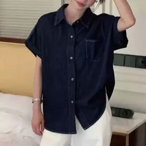 친절한탄씨 여름 데일리 루즈핏 반팔 데님 셔츠 워싱 연청 남방 데님셔츠 반팔셔츠 루즈핏셔츠