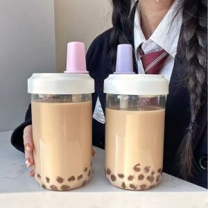 500/850ml 물병 주스 우유 플라스틱 컵 뚜껑 밀짚 거품 차 커피 대용량 Drinkware 투명