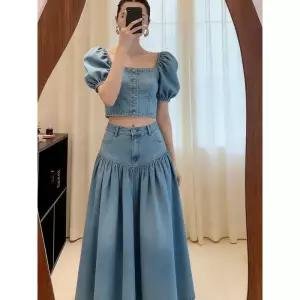여성 데님 스퀘어넥 퍼프소매 슬림핏 세트 여름 반팔 스커트 구성