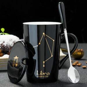 세라믹 머그잔 12 별자리 숟가락 뚜껑  블랙 도자기 조디악 밀크 커피 컵 Drinkware 커플 선물