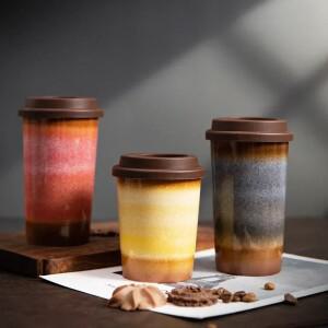 Kiln 세라믹 커피 컵 그라디언트 물컵 실리콘 커버 휴대용  사무실 홈 레트로 복고풍 엔틱